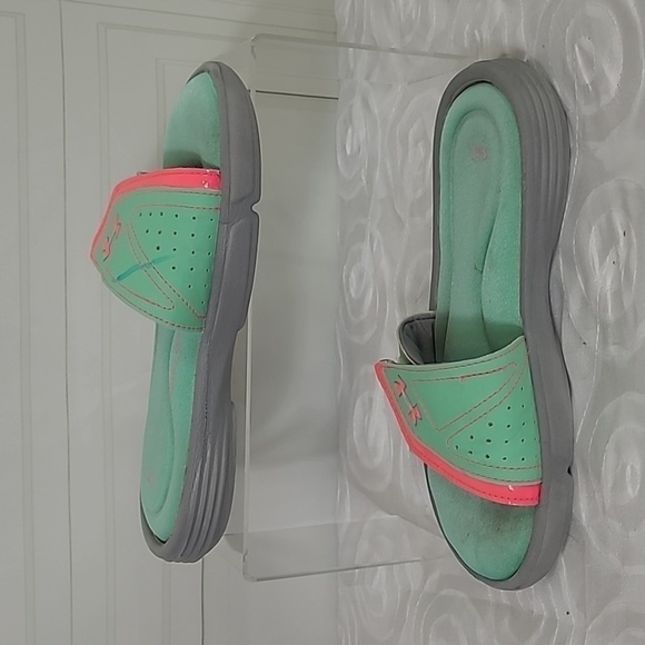 Under Armour Ignite Mint Green & Neon Pink Slide Sandals w/ Memory Foam Footbeds - Picture 2 of 9